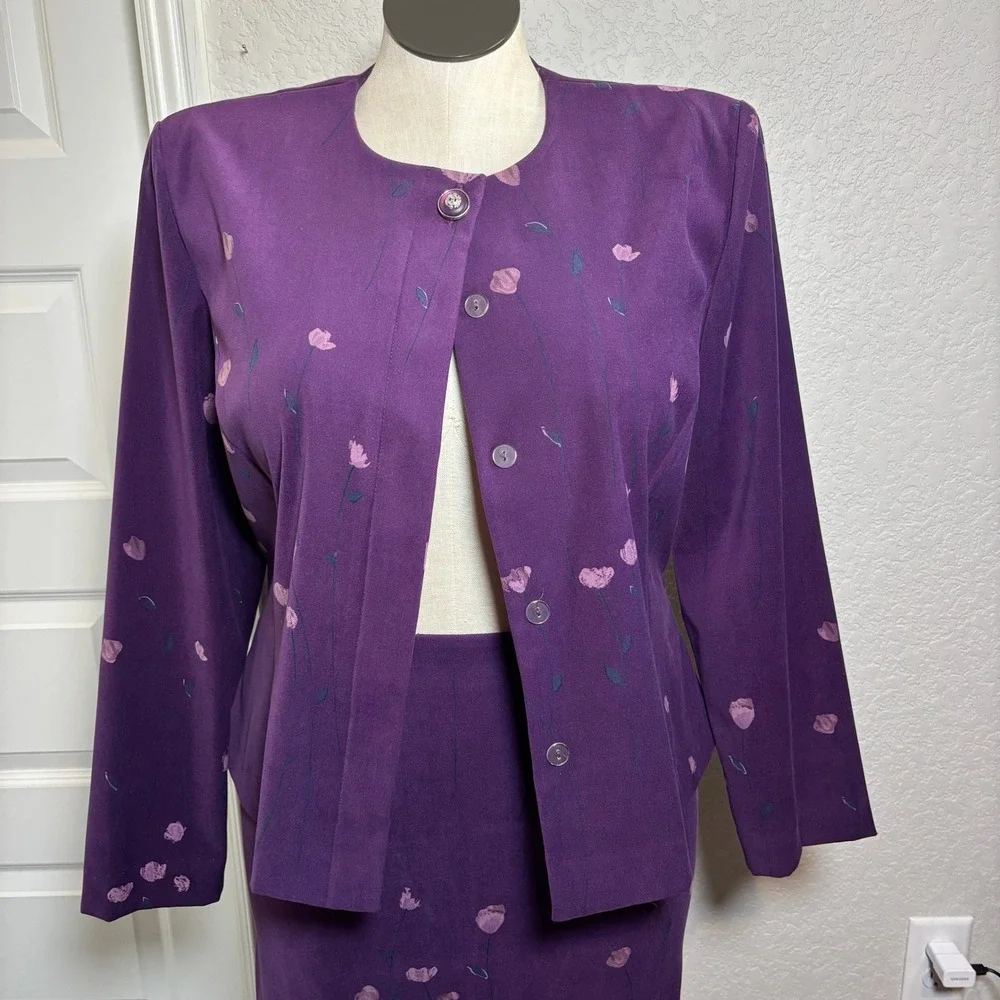 Leslie Fay Vintage Purple Floral Skirt‎ Suit Set Jacket Midi Skirt Size 14